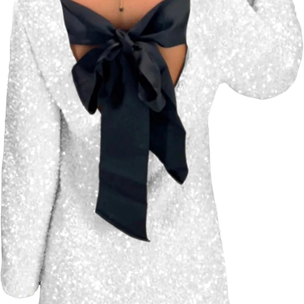 Amazon White Sequin Long Sleeve Dress with Black Bow